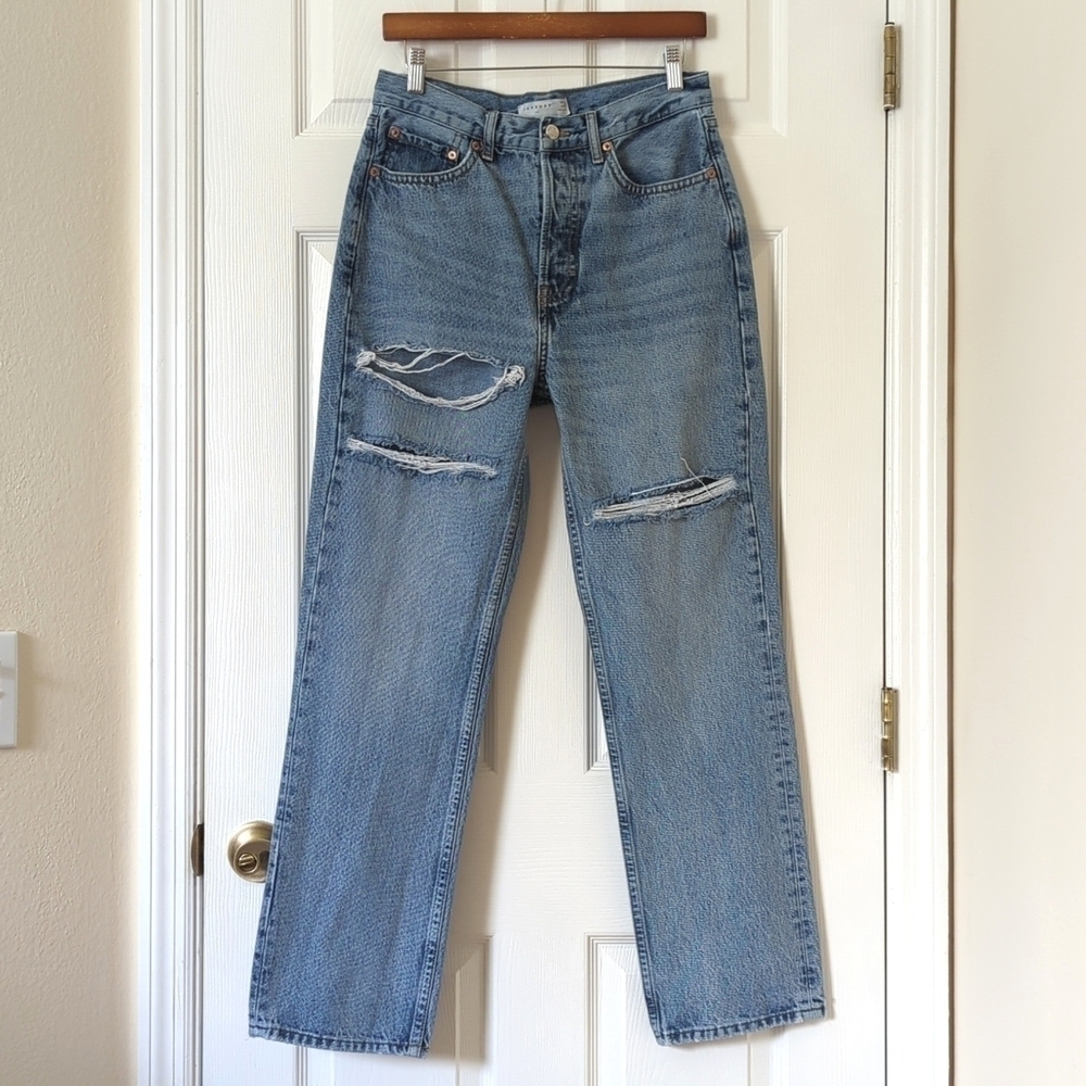 Topshop Distressed Medium Wash High Rise Straight Leg Button Fly Dad Jeans 28